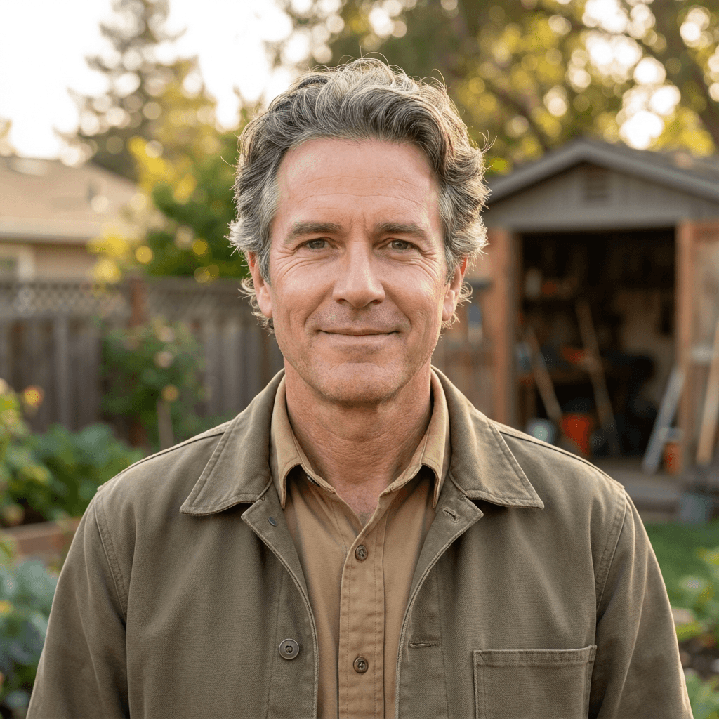 James Sullivan standing in his yard with a satisfied look