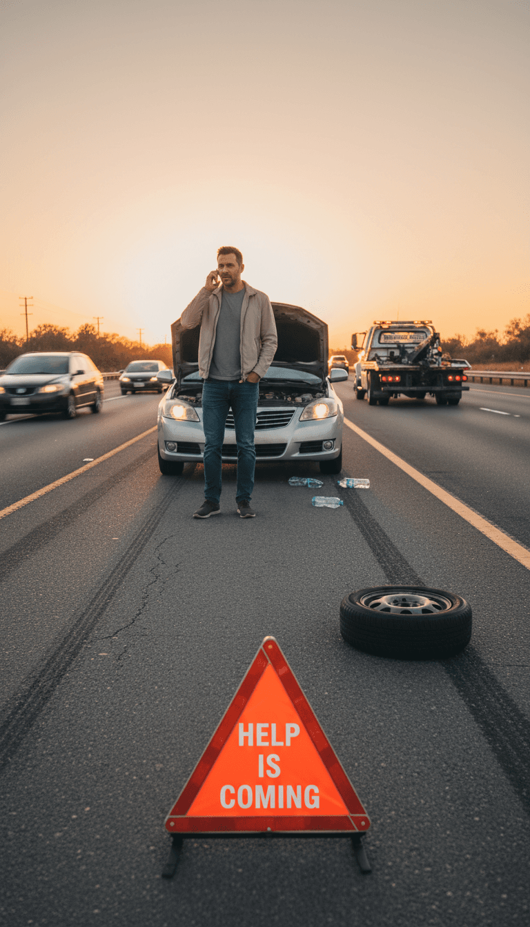 Driver waiting by a stranded car on the highway shoulder
