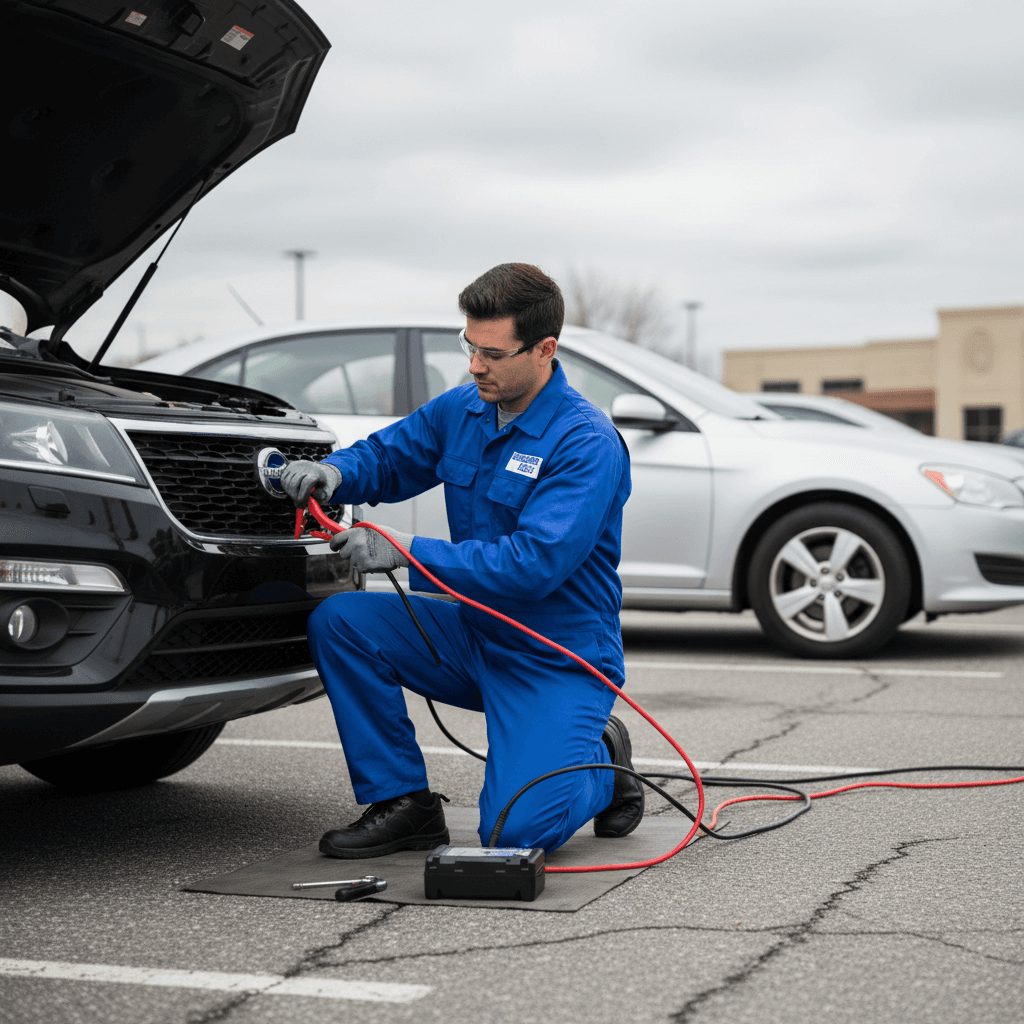 Technician connecting jumper cables to a car battery