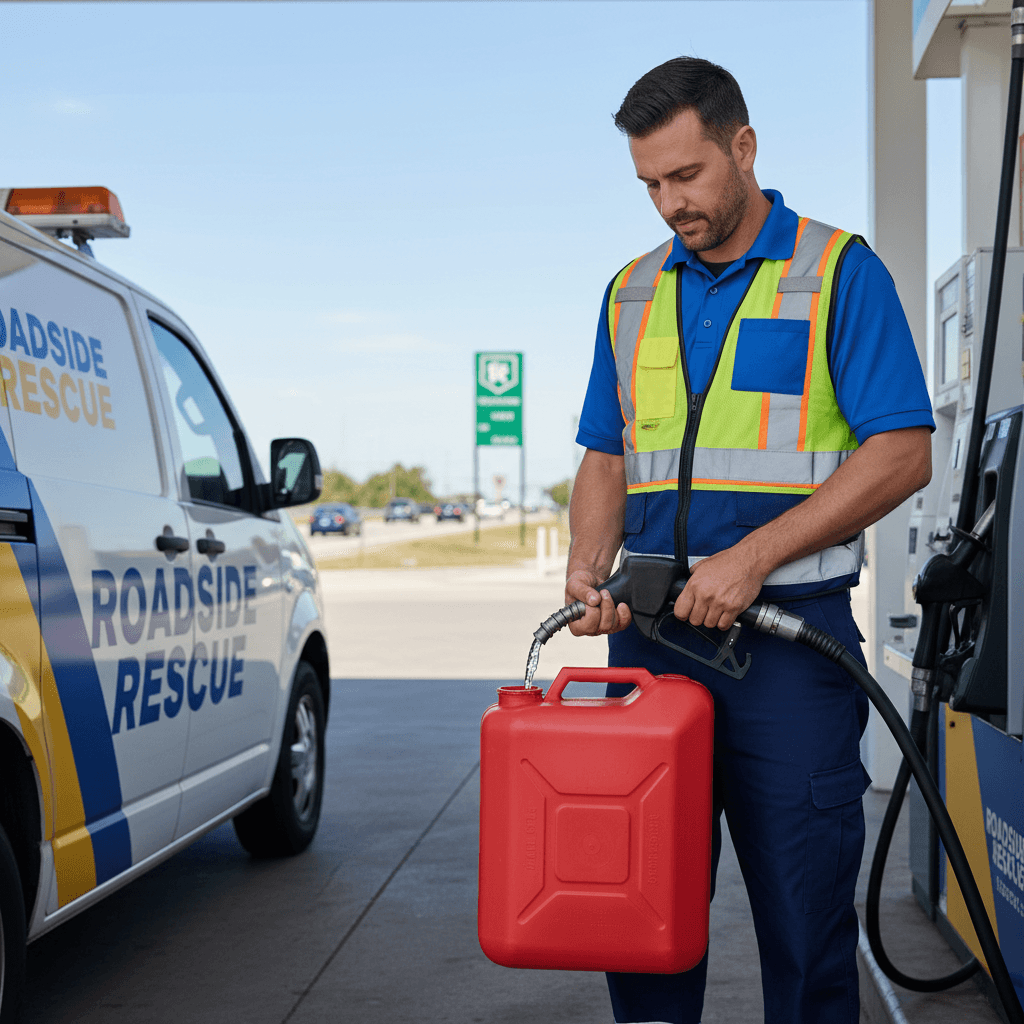 Filling a red gas can at a fuel station
