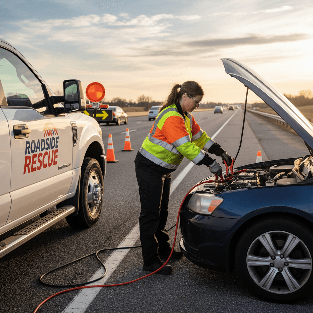 Roadside assistance technician jump starting a car battery on the roadside