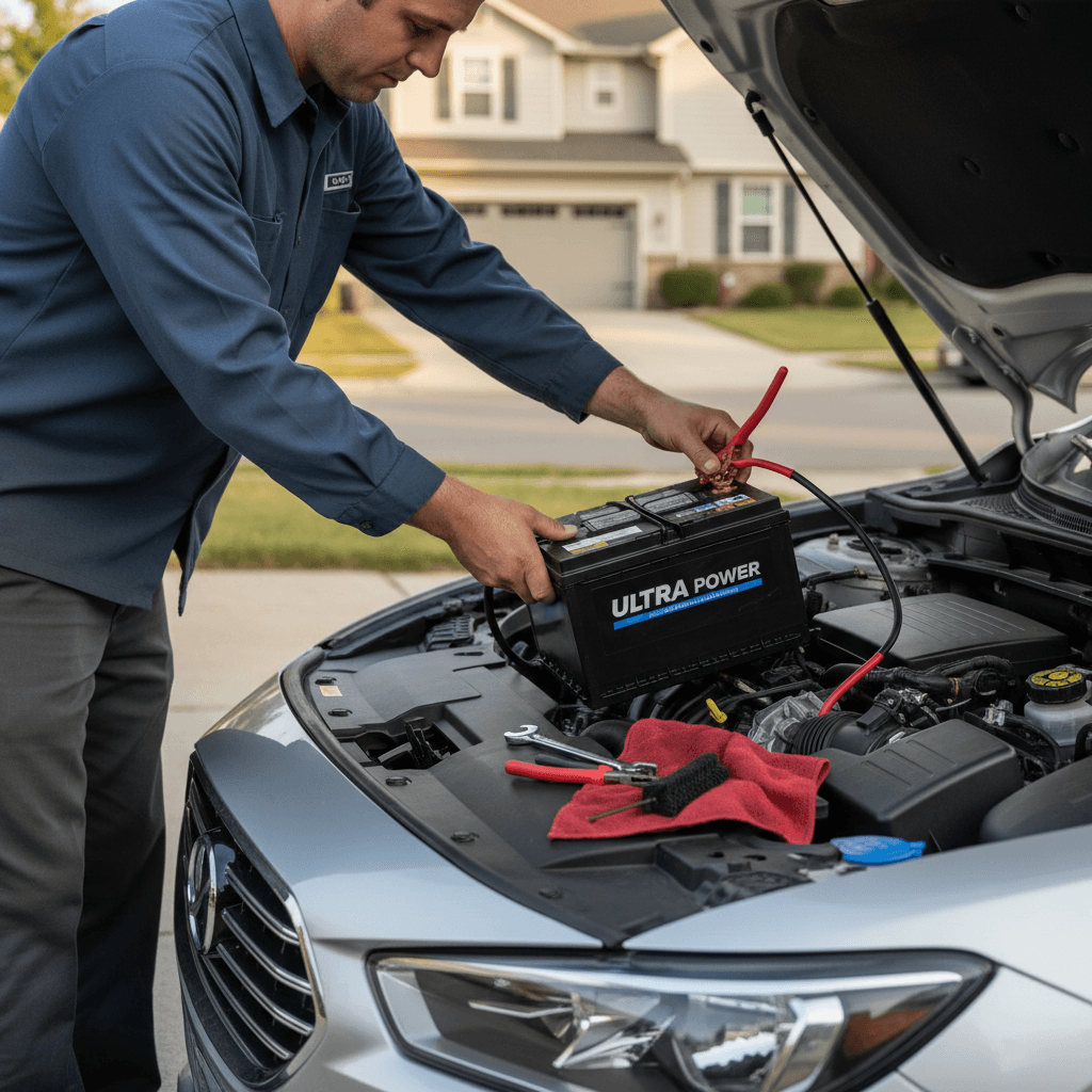 Mechanic installing a car battery under the hood
