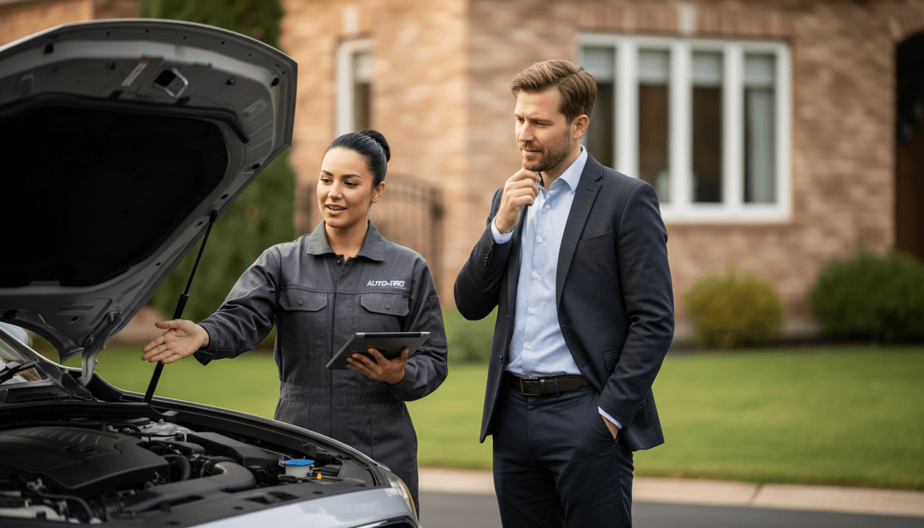 Roadside mechanic going over a price estimate with a driver next to their car
