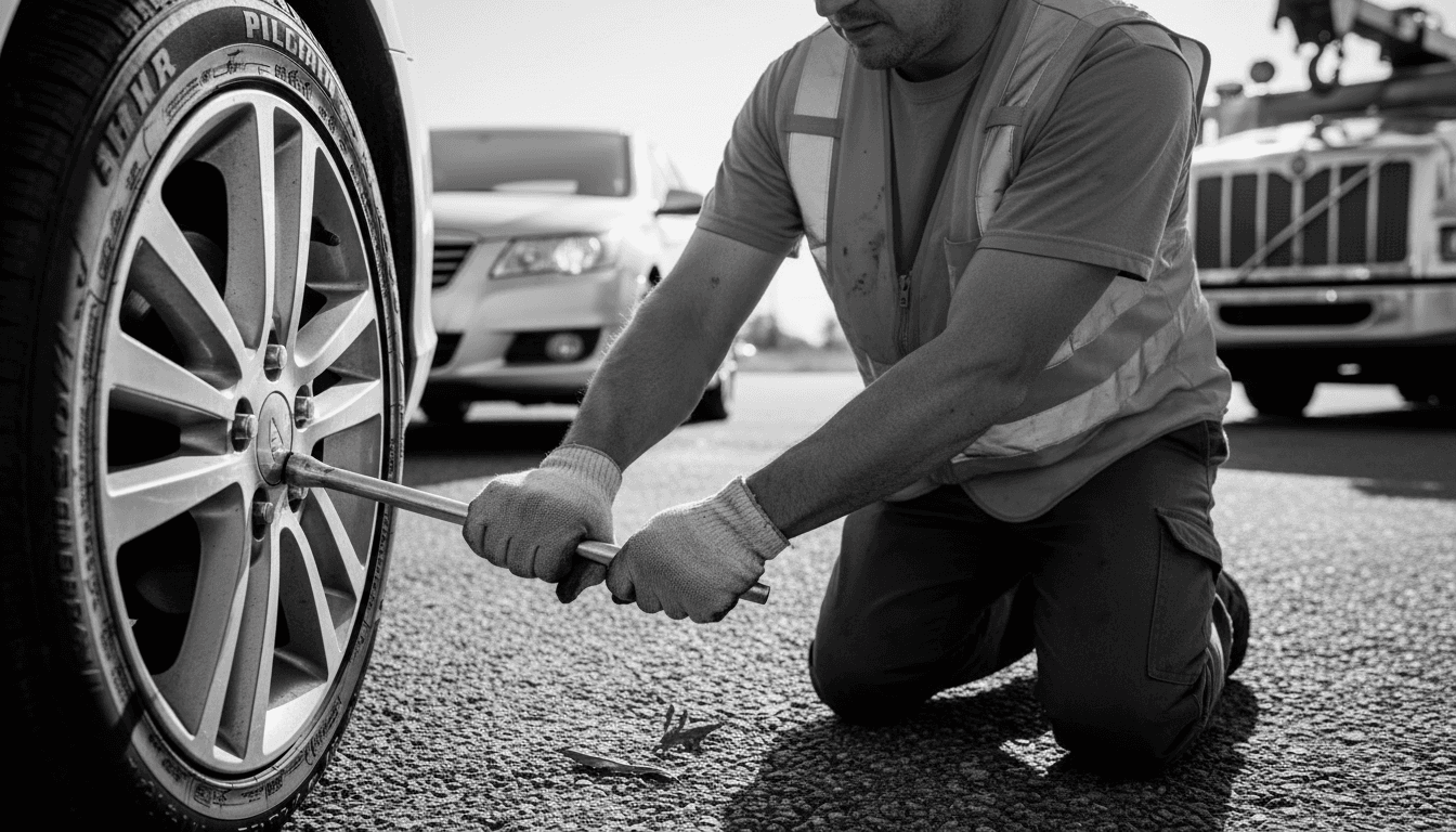 Friendly roadside service worker standing by a service truck