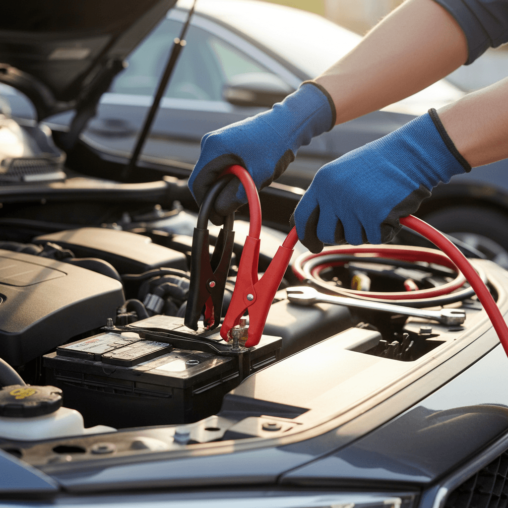 Mechanic using jumper cables on a car battery