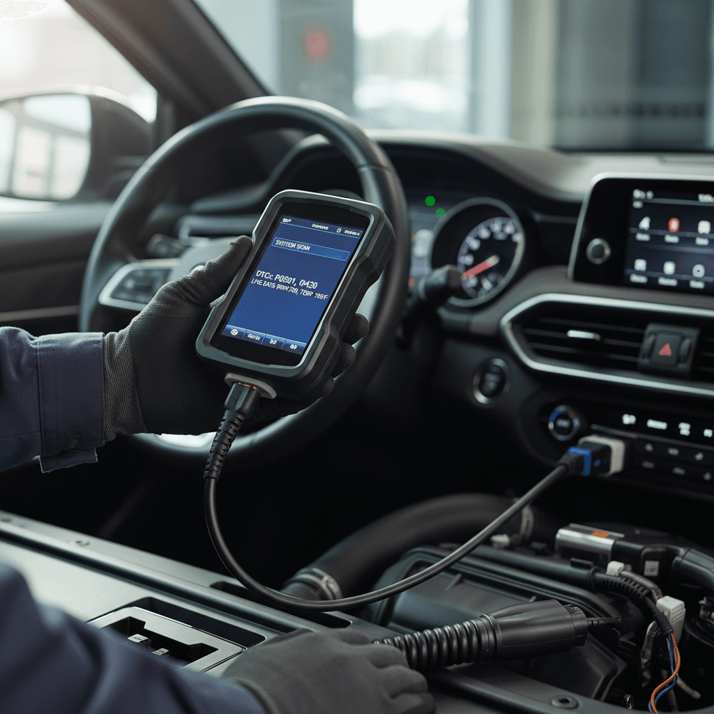 Mechanic using a diagnostic scanner plugged into a car