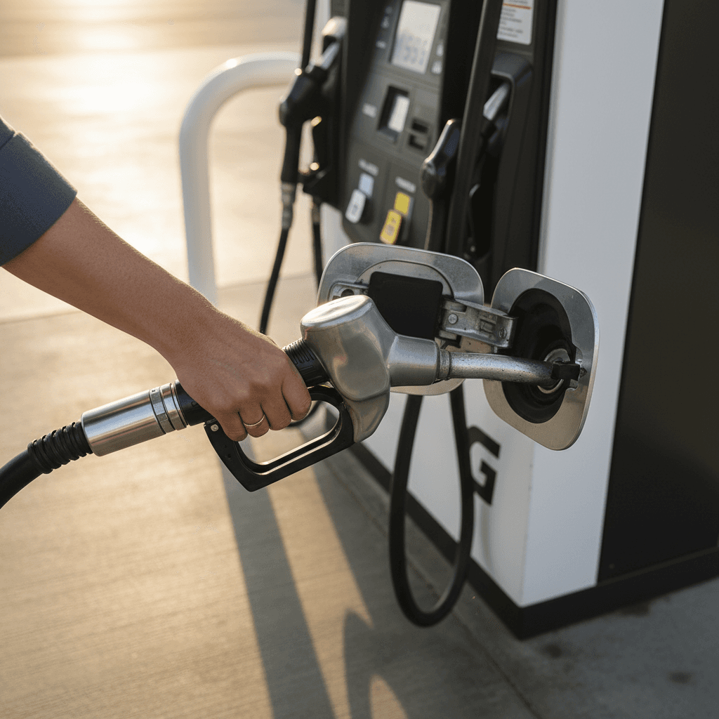Person pouring fuel from a container into a car's gas tank