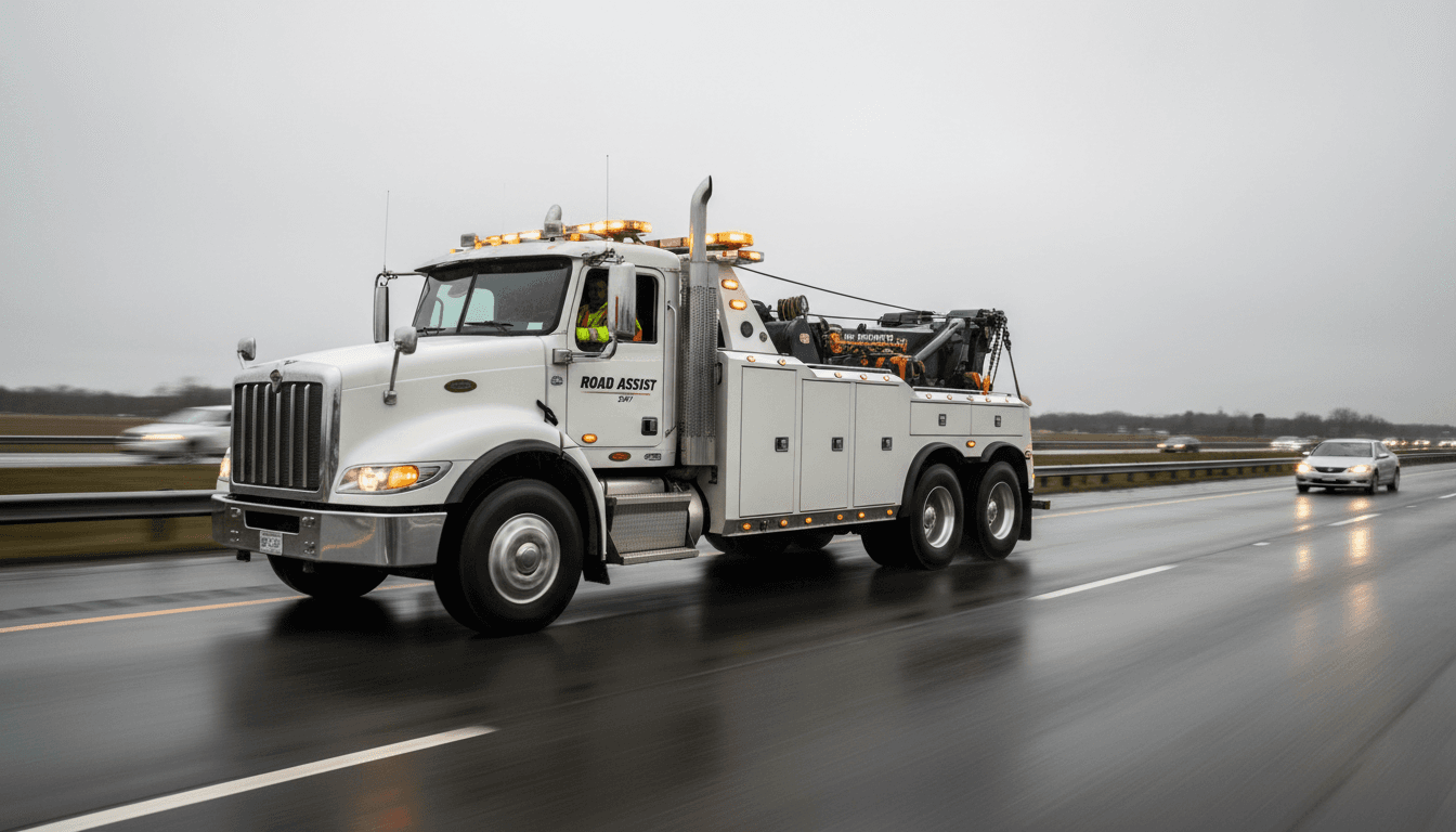 Tow truck on a highway heading toward a disabled vehicle