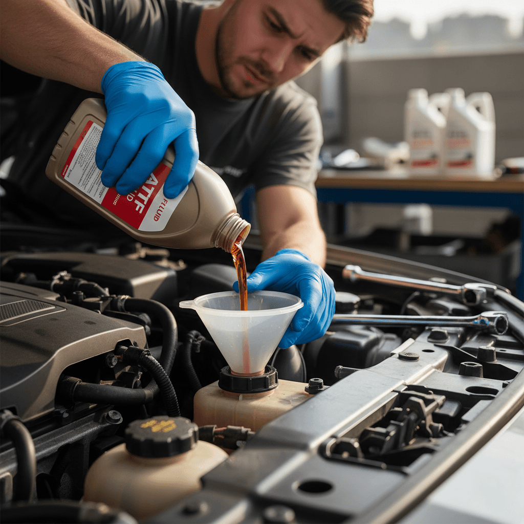 Mechanic checking and adding fluid to a car under the hood