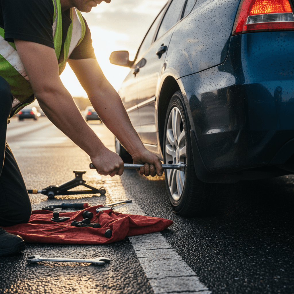 Technician jump-starting a car on a highway shoulder
