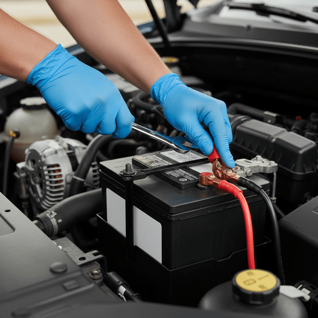 Close-up of a new car battery being installed in an engine bay