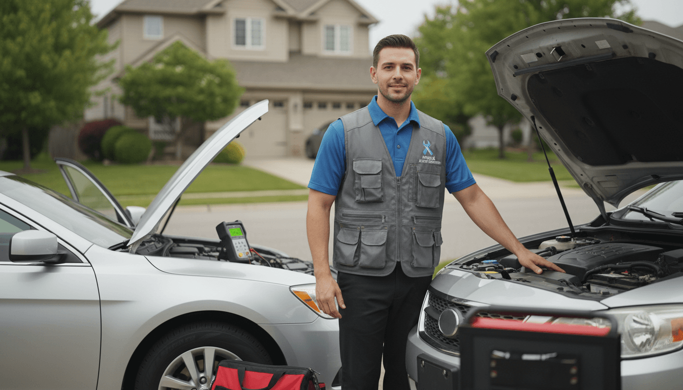 Roadside assistance technician helping a driver with a car battery