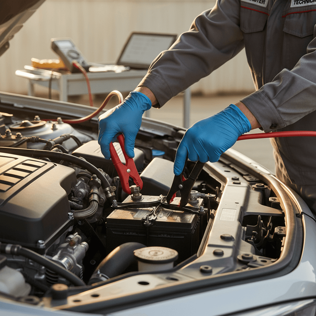 Roadside assistance technician jump starting a car battery