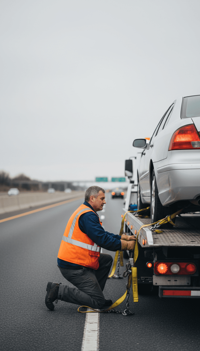 Tow truck assisting a stranded vehicle on a roadside