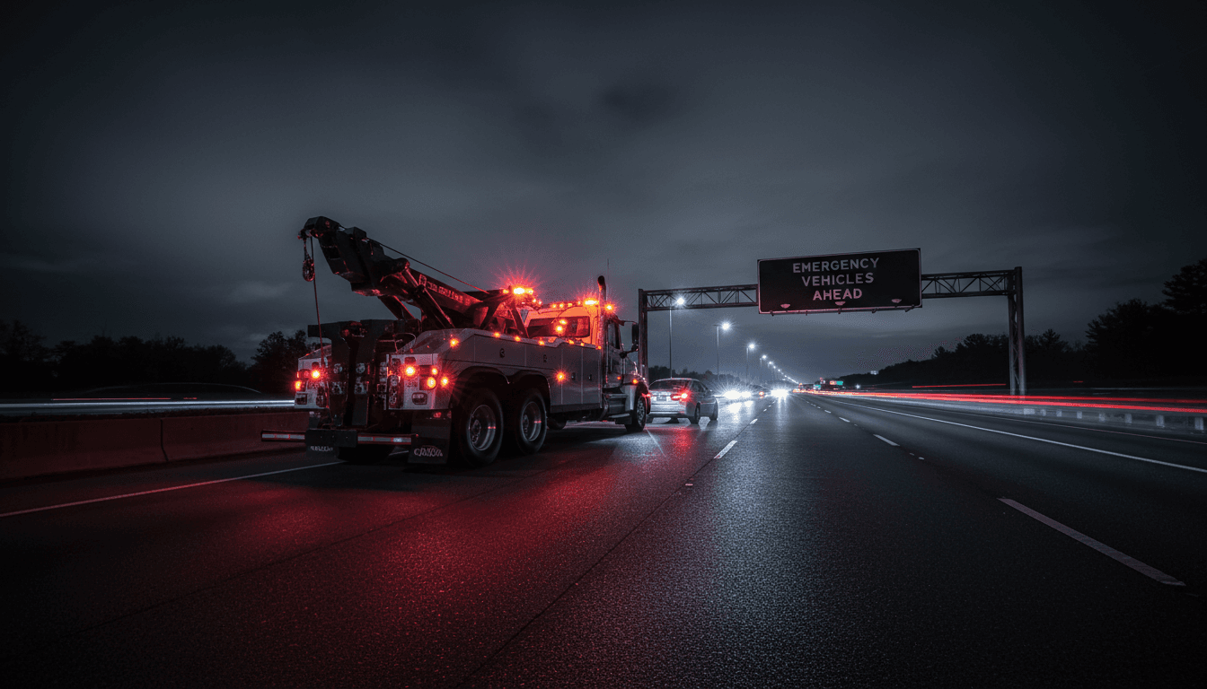 Service truck parked on the side of the road with hazard lights on